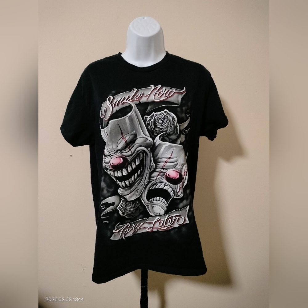 Smile Now Cry Later Men's Black Graphic T-shirt SMILECRY Sz Medium